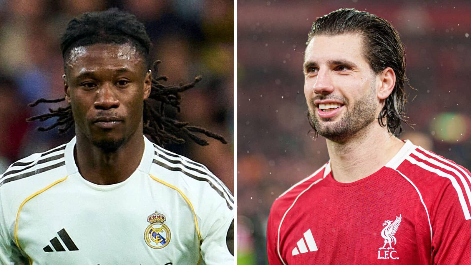 Split image of Real Madrid midfielder Eduardo Camavinga and Liverpool midfielder Dominik Szoboszlai - copyright TEAMtalk
