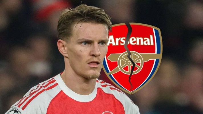 Arsenal midfielder Martin Odegaard next to a cracked Arsenal badge - copyright TEAMtalk