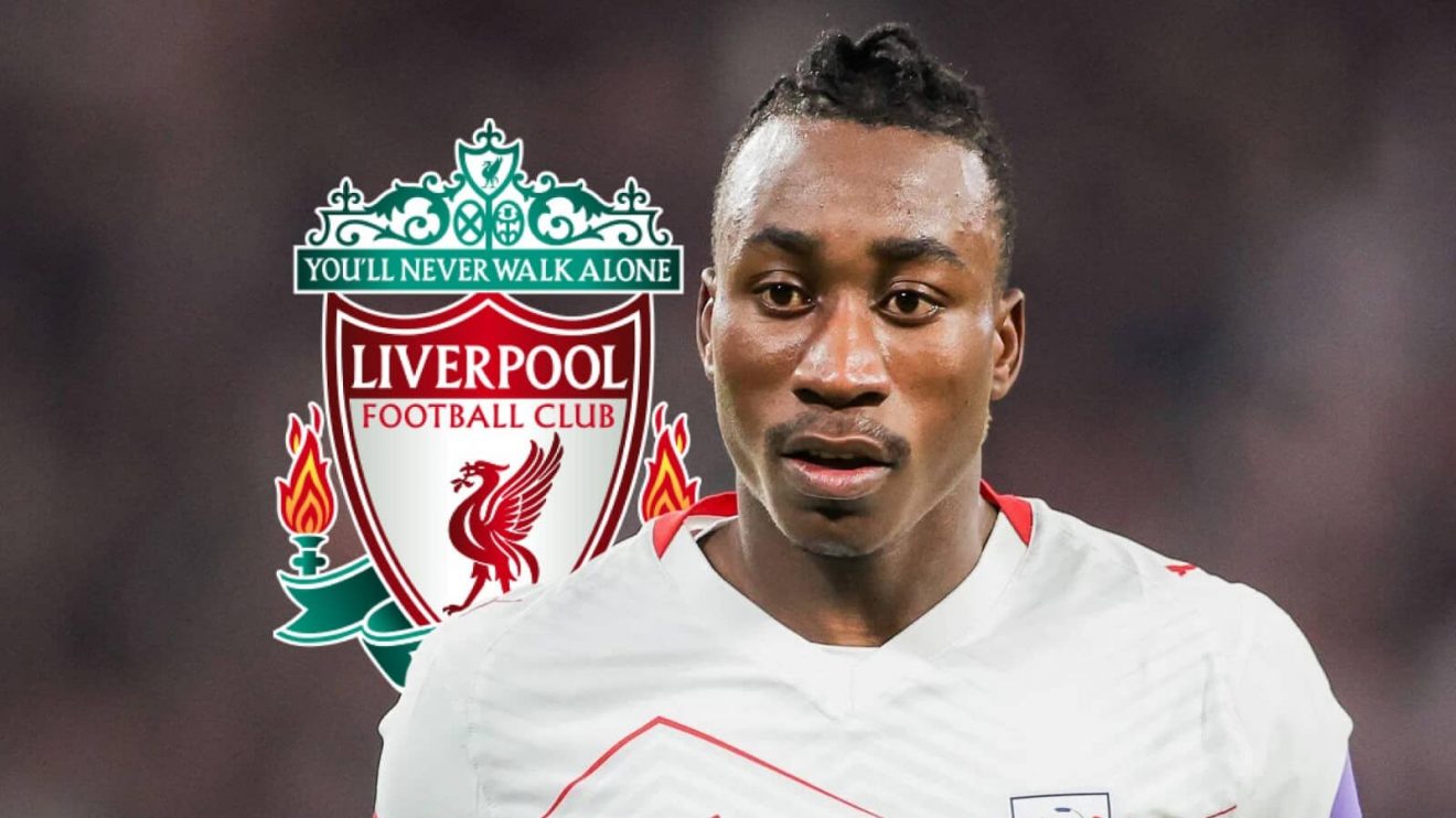 RB Leipzig star Yan Diomande, with a Liverpool badge