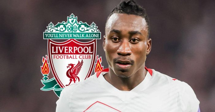 RB Leipzig star Yan Diomande, with a Liverpool badge