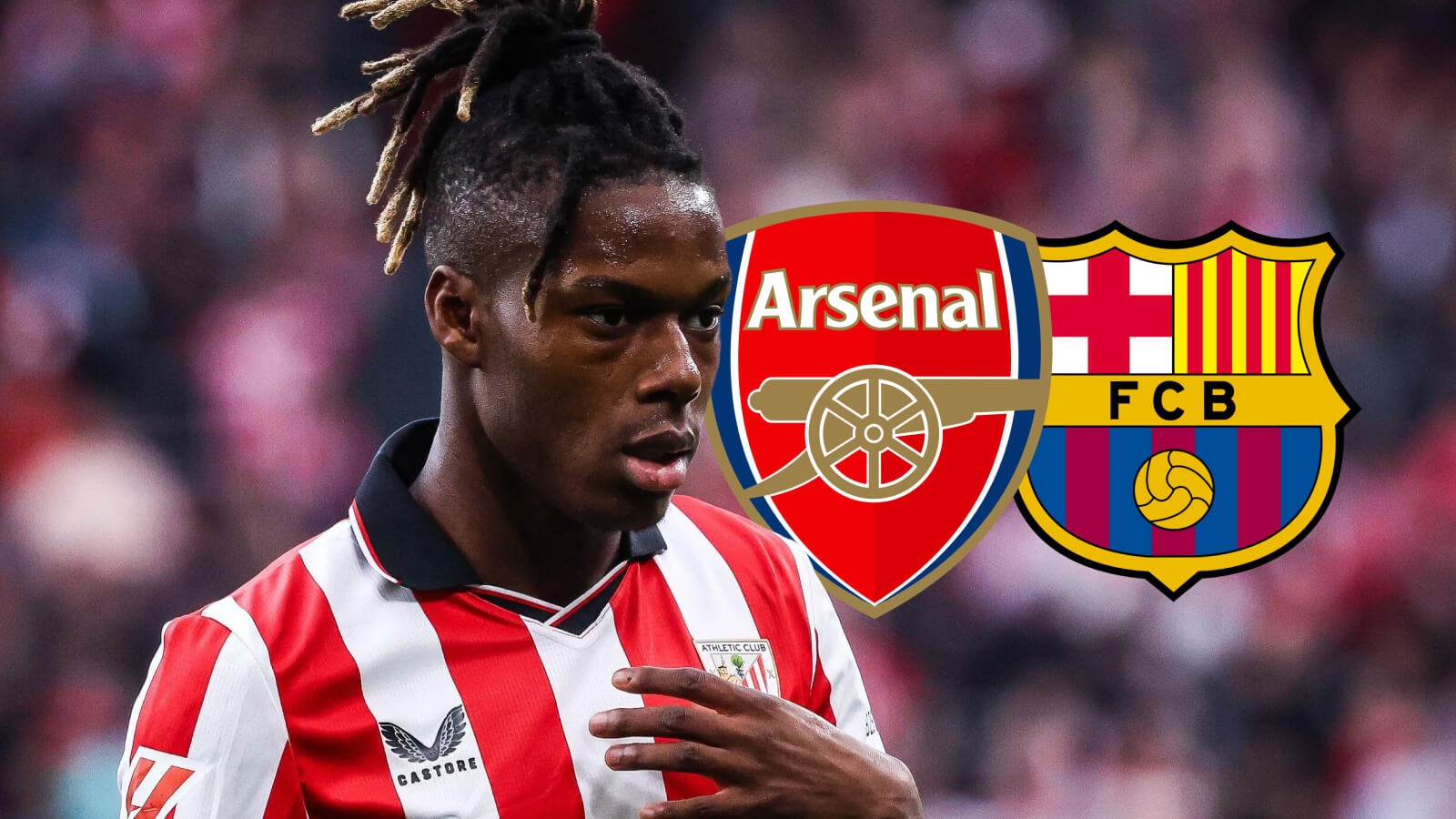Athletic Club star Nico Williams with Arsenal and Barcelona badges