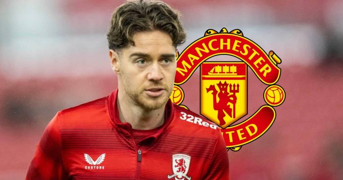 Middlesbrough star Hayden Hackney with a Manchester United badge