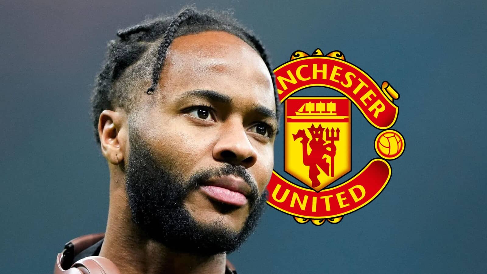 Raheem Sterling next to the Manchester United badge - copyright TEAMtalk