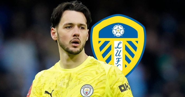 Manchester City star James Trafford with a Leeds United badge