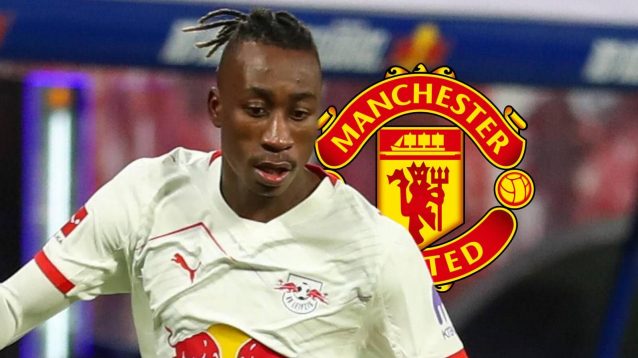 RB Leipzig winger Yan Diomande next to the Manchester United badge - copyright TEAMtalk