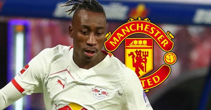 RB Leipzig winger Yan Diomande next to the Manchester United badge - copyright TEAMtalk