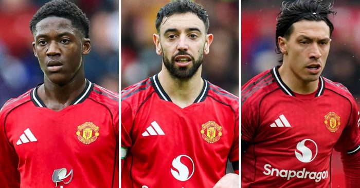 Kobbie Mainoo, Bruno Fernandes and Lisandro Martinez in Manchester United kit
