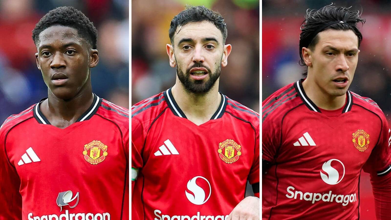Kobbie Mainoo, Bruno Fernandes and Lisandro Martinez in Manchester United kit