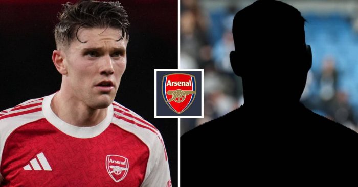 Split image of Arsenal striker Viktor Gyokeres and a shadow with the Arsenal badge in between - copyright TEAMtalk