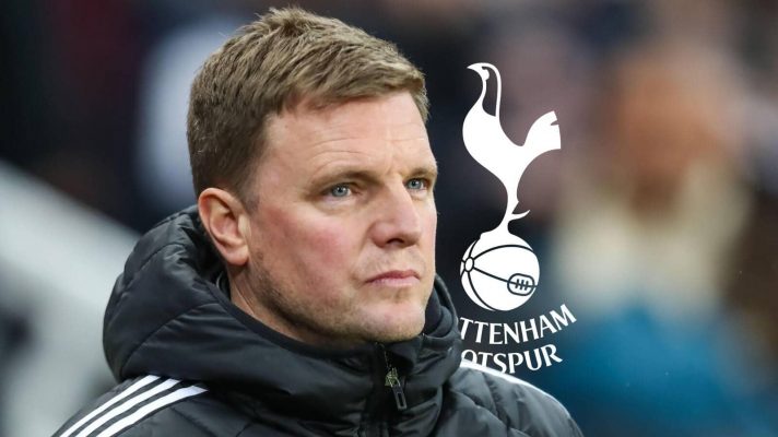 Newcastle manager Eddie Howe, with a Tottenham badge