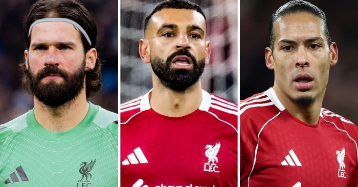 Alisson Becker, Mohamed Salah and Virgil van Dijk in Liverpool kit
