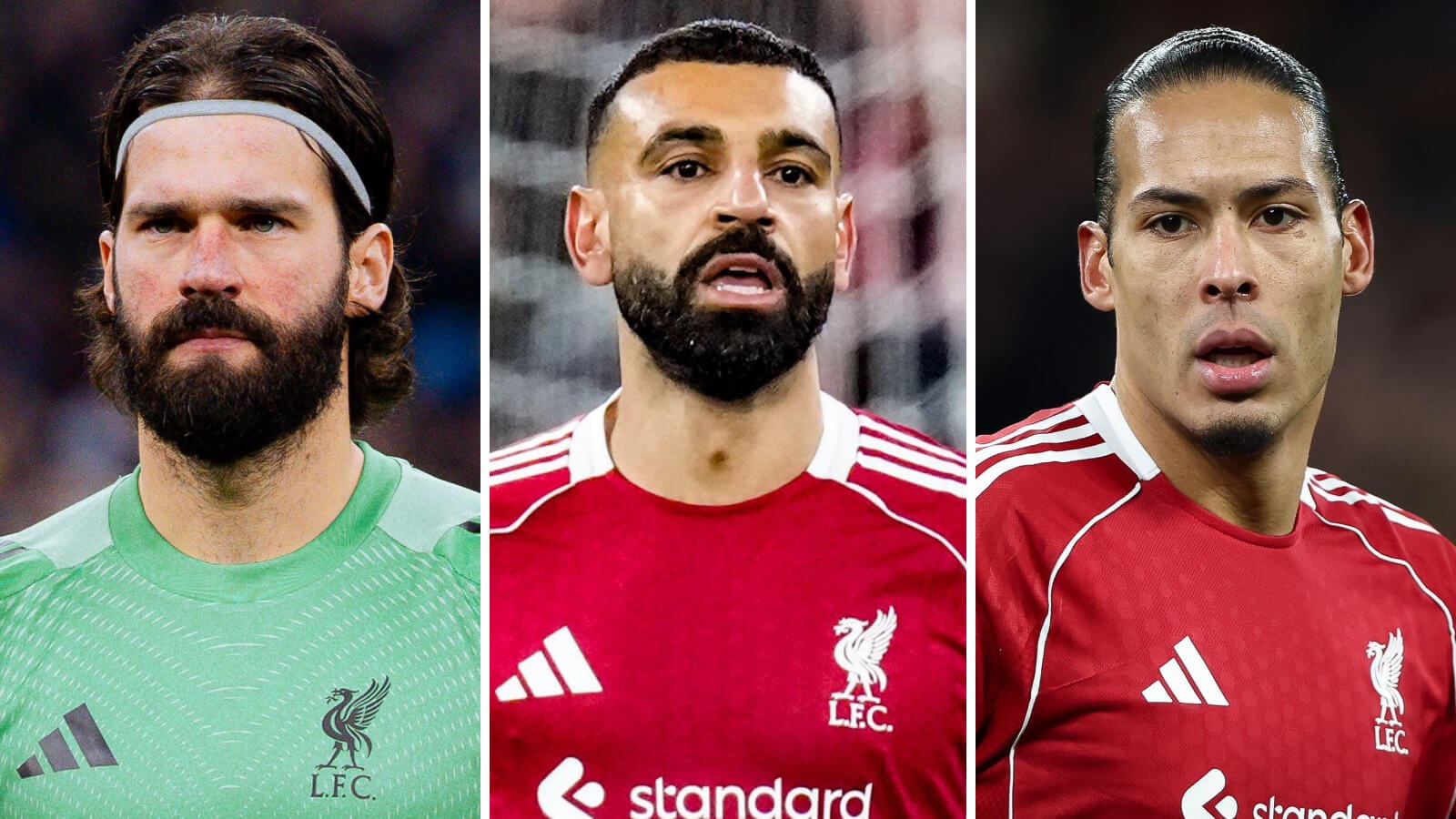 Alisson Becker, Mohamed Salah and Virgil van Dijk in Liverpool kit