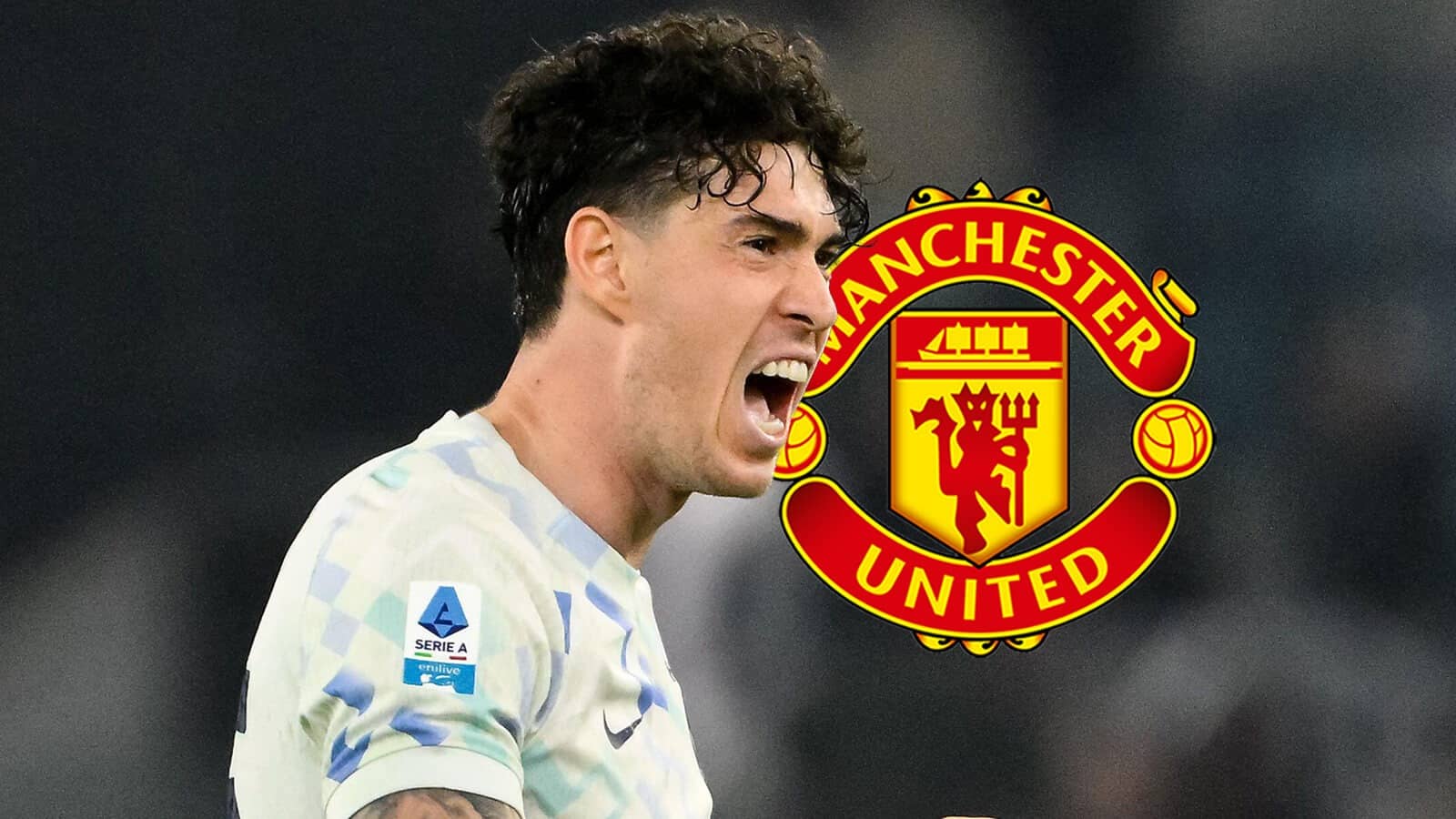 Inter Milan defender Alessandro Bastoni and the Manchester United badge - copyright TEAMtalk