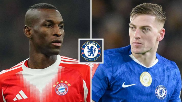 Nicolas Jackson in Bayern Munich kit and Liam Delap in Chelsea kit, separated by the Chelsea badge