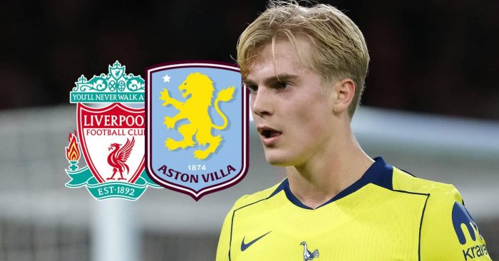 Tottenham star Lucas Bergvall with Aston Villa and Liverpool badges