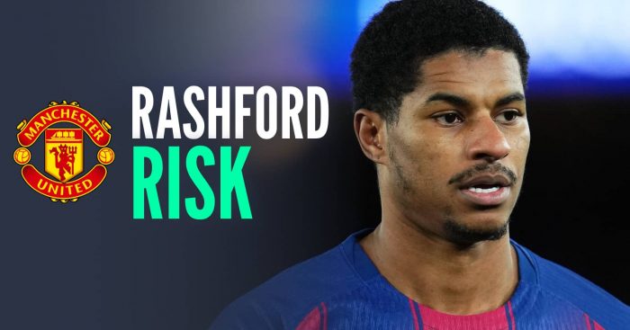 Man Utd badge, text saying Rashford risk, and an image of Marcus Rashford in Barcelona kit