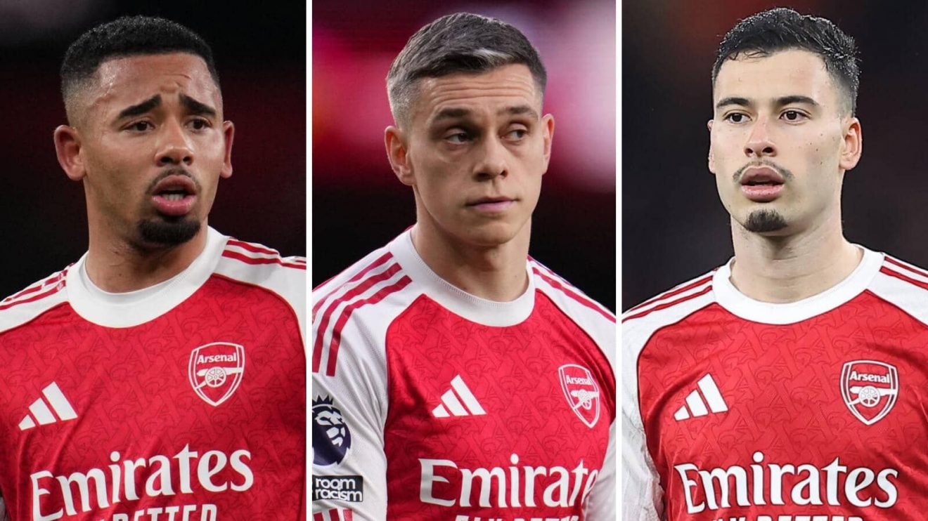 Gabriel Jesus, Leandro Trossard and Gabriel Martinelli in Arsenal kits