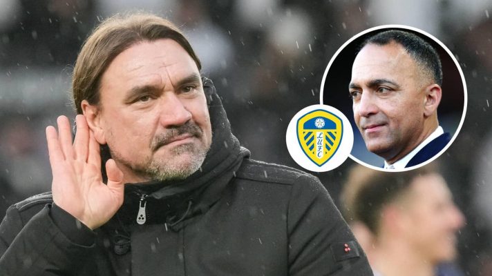 Leeds manager Daniel Farke and, inset, chairman Paraag Marathe next to the Leeds United badge