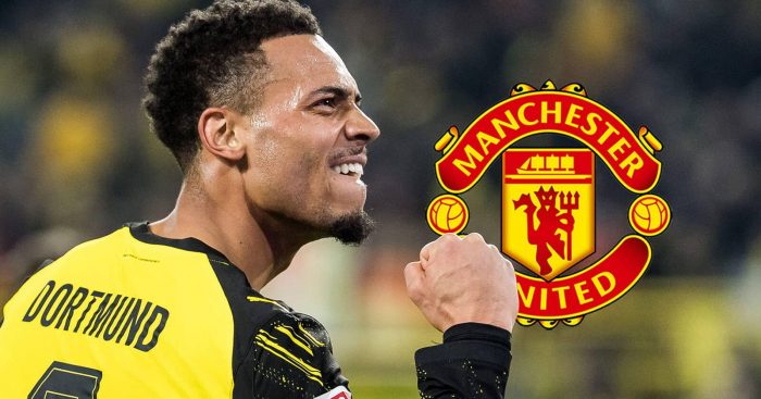 Borussia Dortmund star Felix Nmecha next to the Manchester United badge
