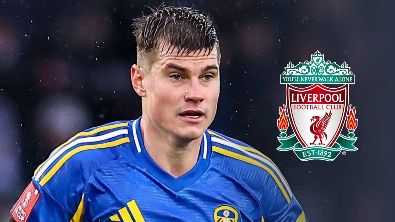 Leeds United star Jaka Bijol with a Liverpool badge