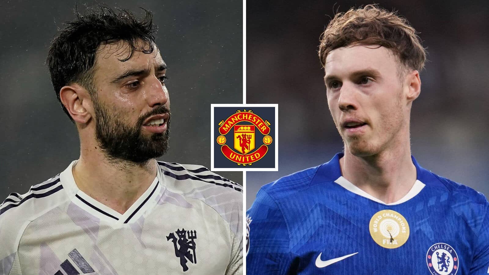 Manchester United captain Bruno Fernandes and Chelsea star Cole Palmer either side of the Manchester United badge