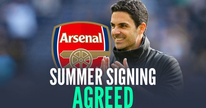 Arsenal manager Mikel Arteta next to the Arsenal badge and the words 'summer signing agreed'