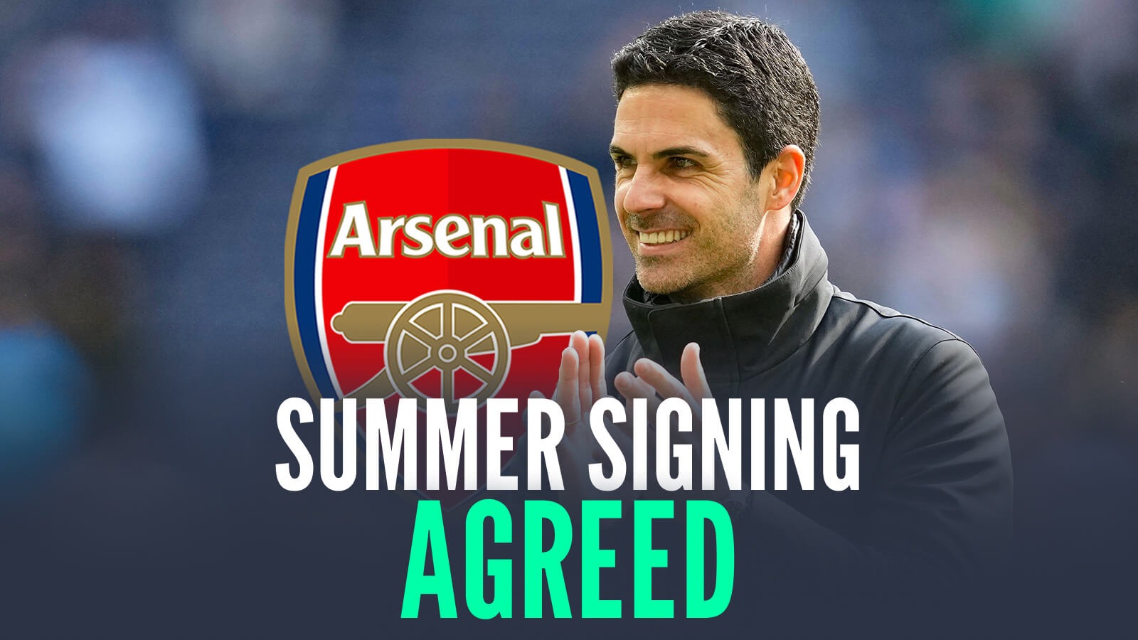 Arsenal manager Mikel Arteta next to the Arsenal badge and the words 'summer signing agreed'