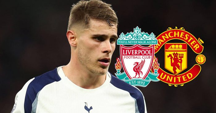 Tottenham star Micky van de Ven with Liverpool and Manchester United badges