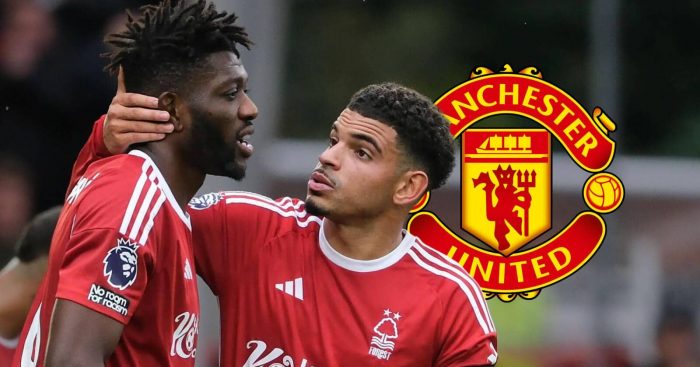 Nottingham Forest duo Morgan Gibbs-White and Ibrahim Sangare next to the Manchester United badge – copyright TEAMtalk