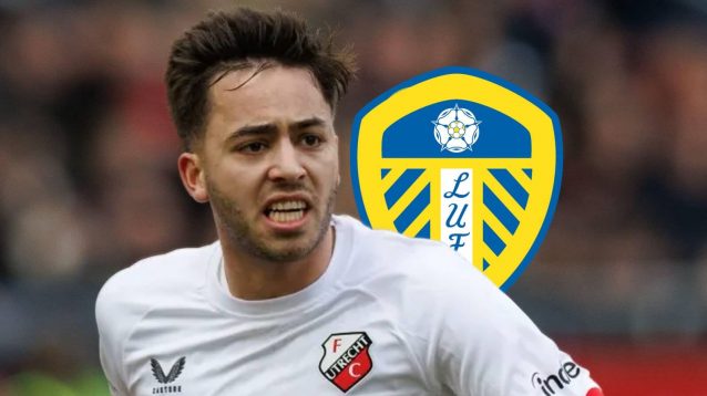 FC Utrecht left-back Souffian El Karouani next to a Leeds United badge