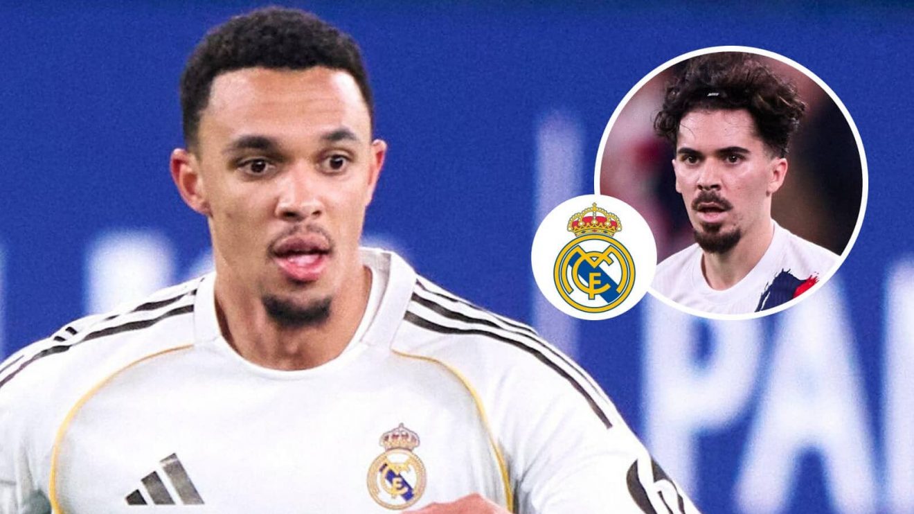 Real Madrid right-back Trent Alexander-Arnold, Real Madrid badge and Paris Saint-Germain midfielder Vitinha – copyright TEAMtalk