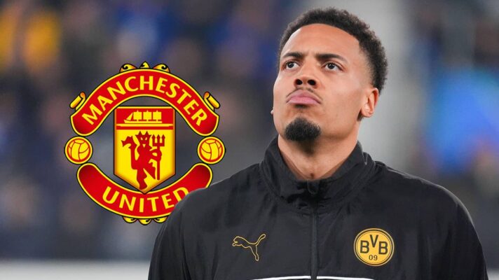 Borussia Dortmund's Felix Nmecha next to the Manchester United badge