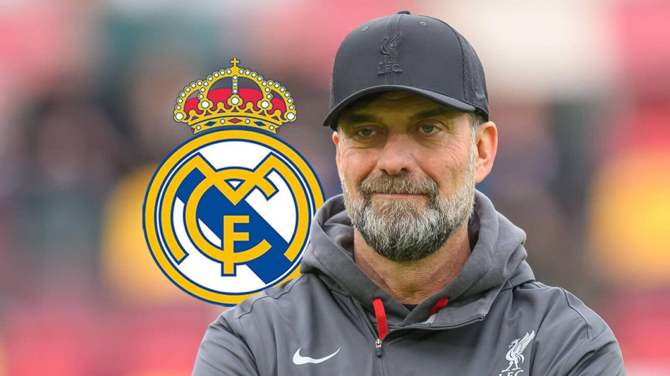 Former Liverpool manager Jurgen Klopp next to the Real Madrid badge