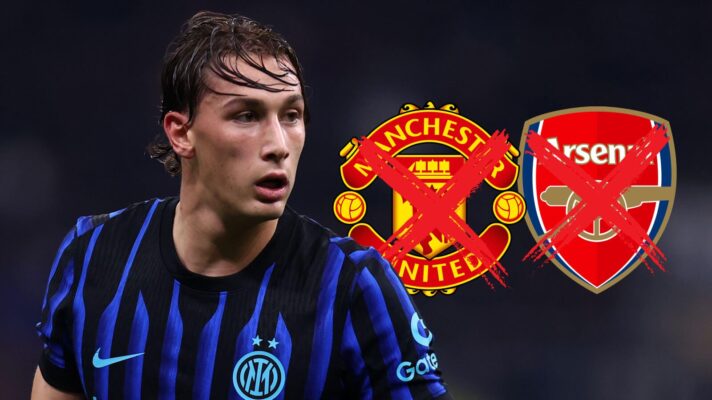 Inter Milan striker Pio Esposito, Man Utd and Arsenal badges with red X through them both