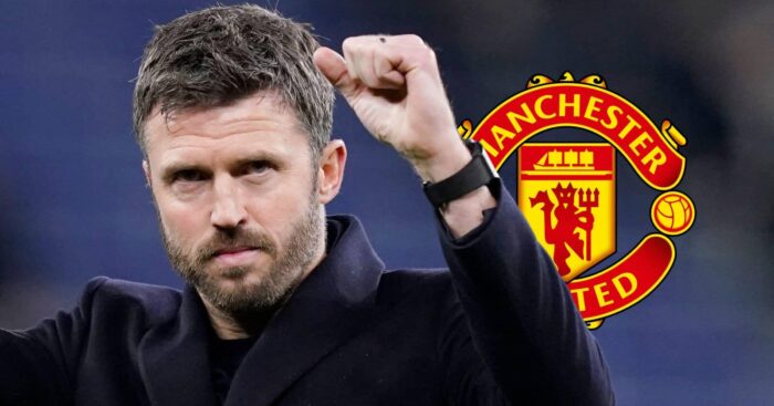 Michael Carrick celebrates a win and pictured here next to the Manchester United badge