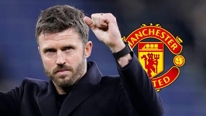 Michael Carrick celebrates a win and pictured here next to the Manchester United badge