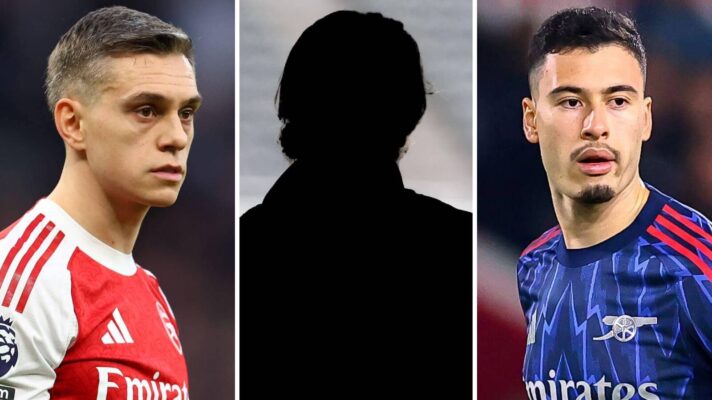 Leandro Trossard, Gabriel Martinelli with shadow image of Anthony Gordon