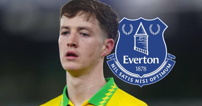 Norwich City star Kellen Fisher with an Everton badge