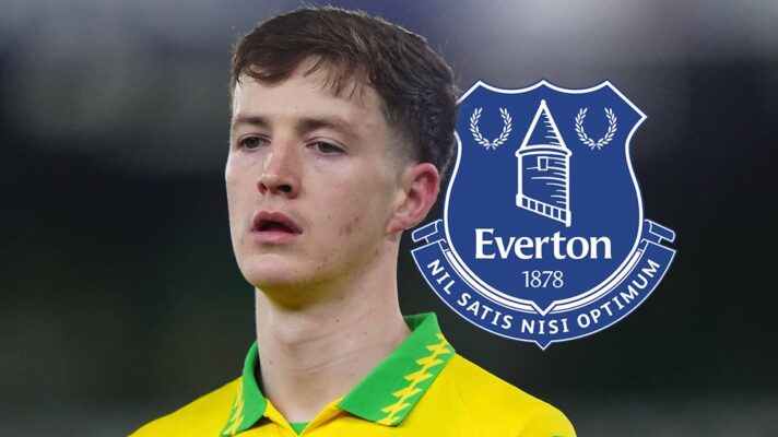 Norwich City star Kellen Fisher with an Everton badge