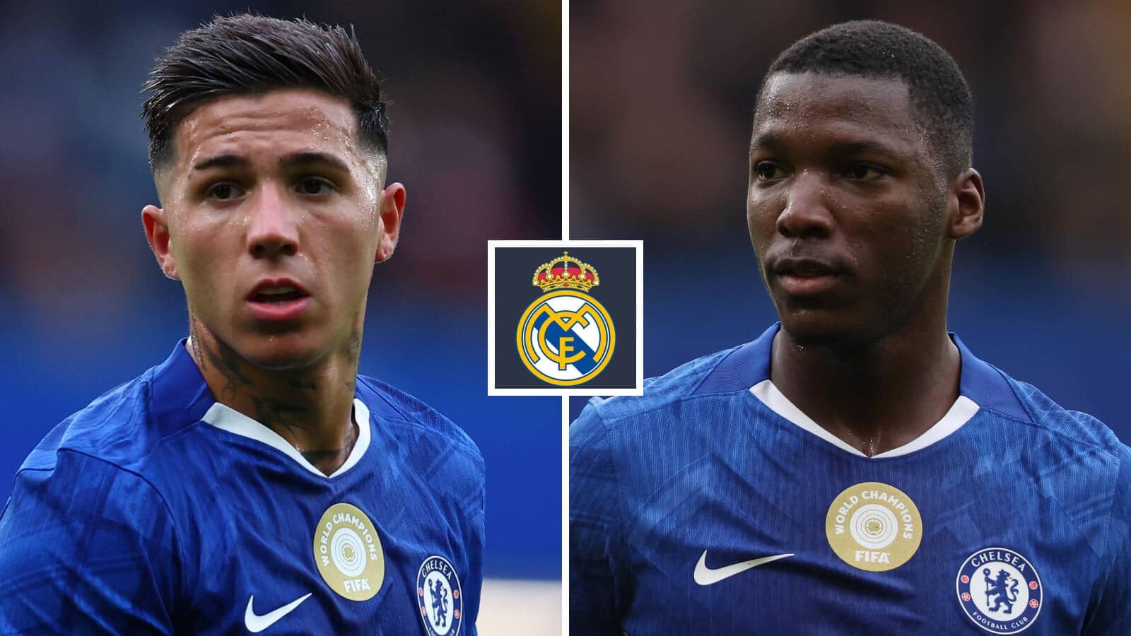 Split image of Chelsea duo Enzo Fernandez and Moises Caicedo with the Real Madrid badge in between - copyright TEAMtalk