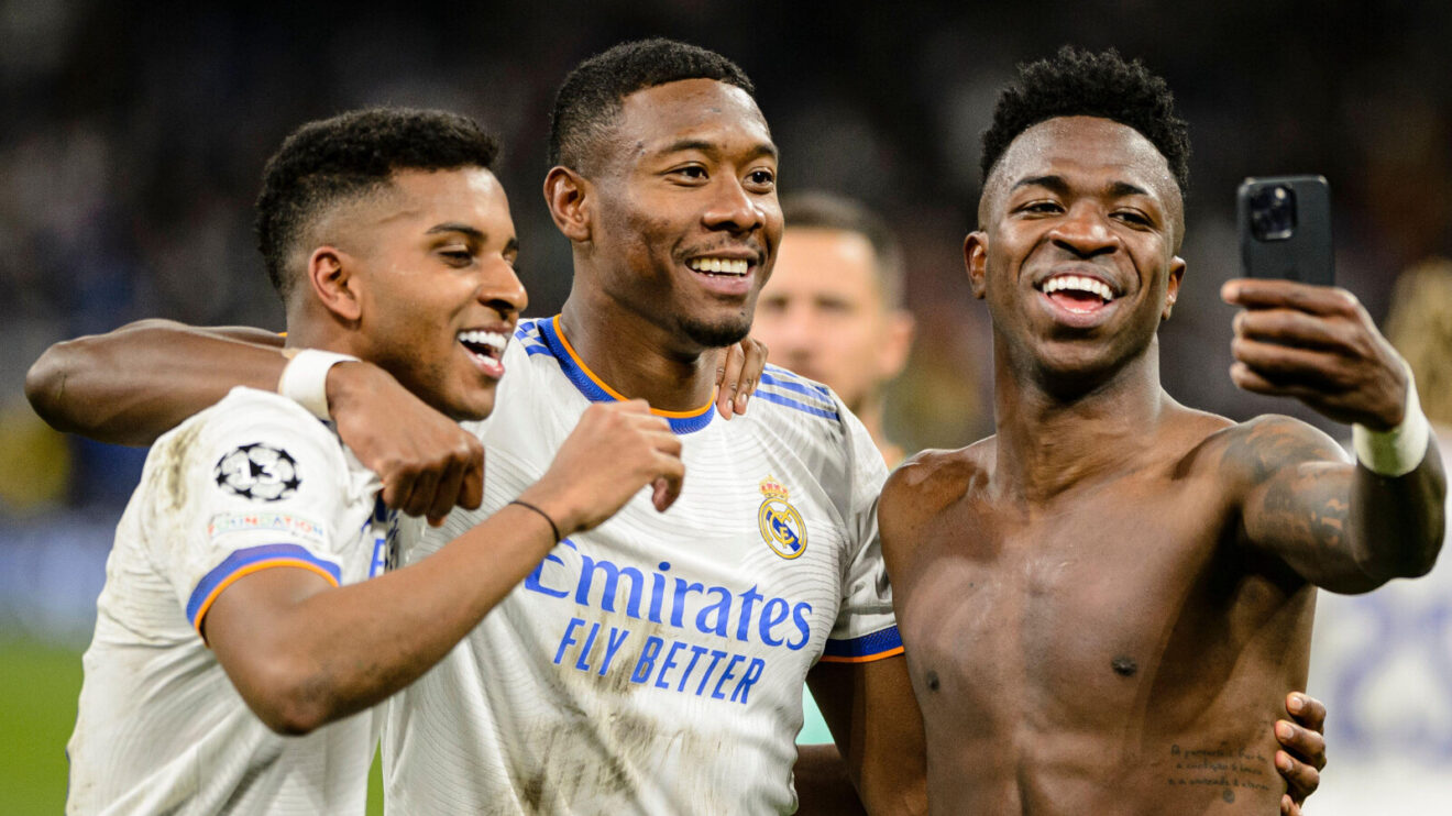 Rodrygo, David Alaba and Vinicius Junior of Real Madrid pose for a picture