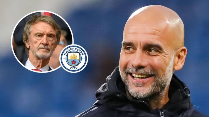 A smiling Manchester City boss Pep Guardiola and, inset, Manchester United co-owner Sir Jim Ratcliffe next to the Manchester City badge