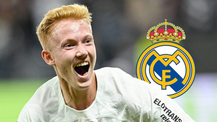 Eintracht Frankfurt midfielder Hugo Larsson next to the Real Madrid badge - copyright TEAMtalk