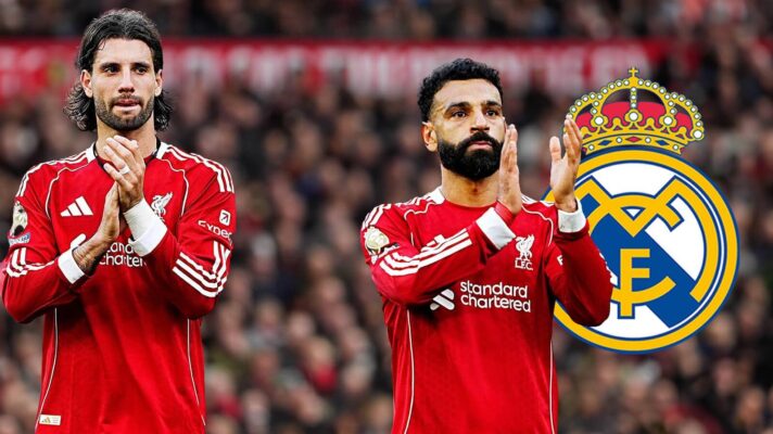 Liverpool duo Dominik Szoboszlai and Mohamed Salah next to the Real Madrid badge - copyright TEAMtalk