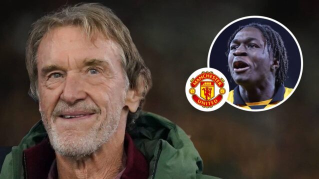 Man Utd co-owner Sir Jim Ratcliffe, Man Utd badge and Wolves forward Mateus Mane – copyright TEAMtalk