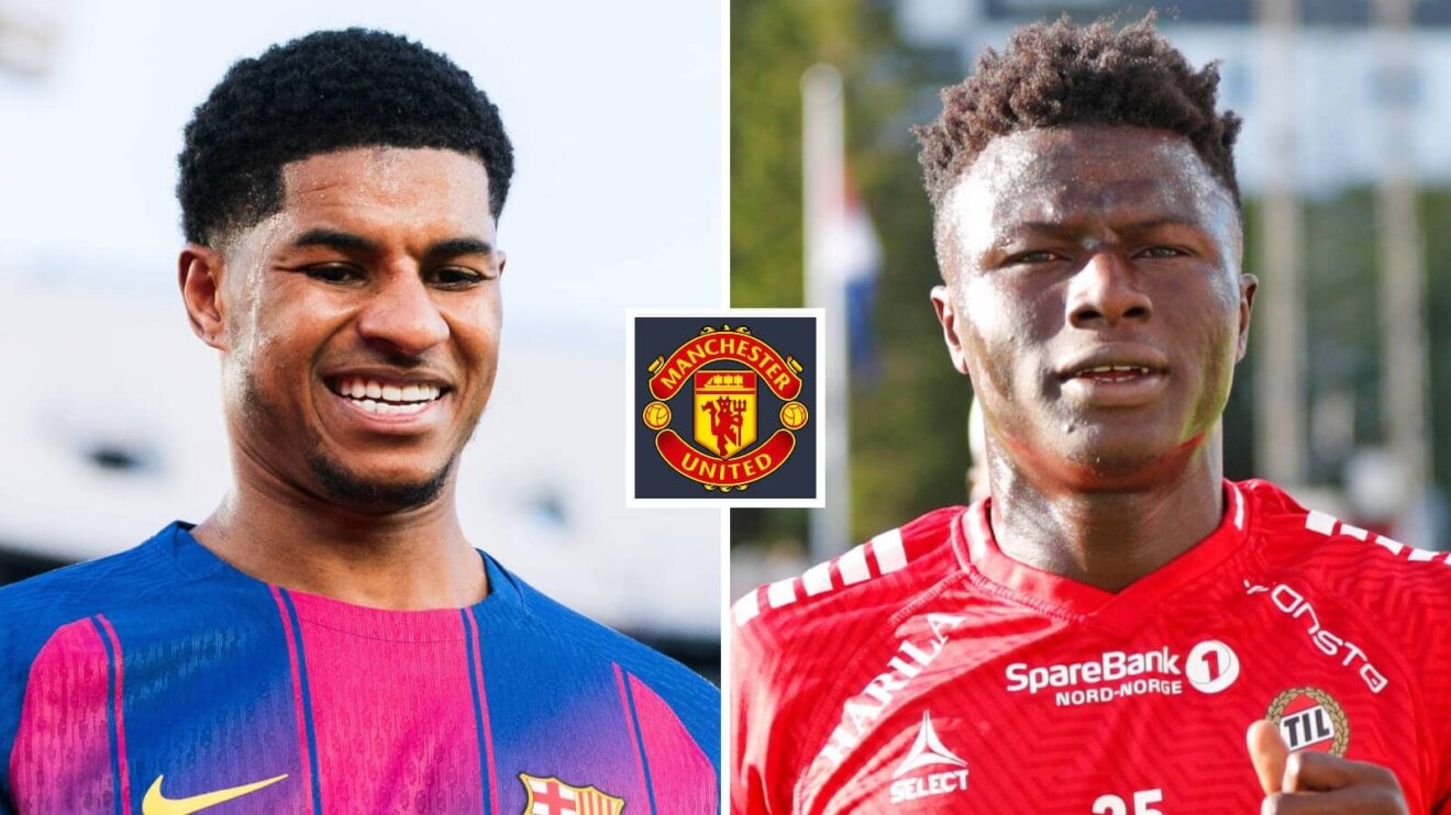 Marcus Rashford and Abubacarr Sedi Kinteh with a Manchester United badge