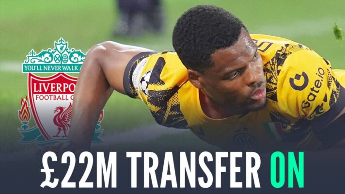 Inter Milan star Denzel Dumfries next to the Liverpool badge and the words '£22m transfer on'