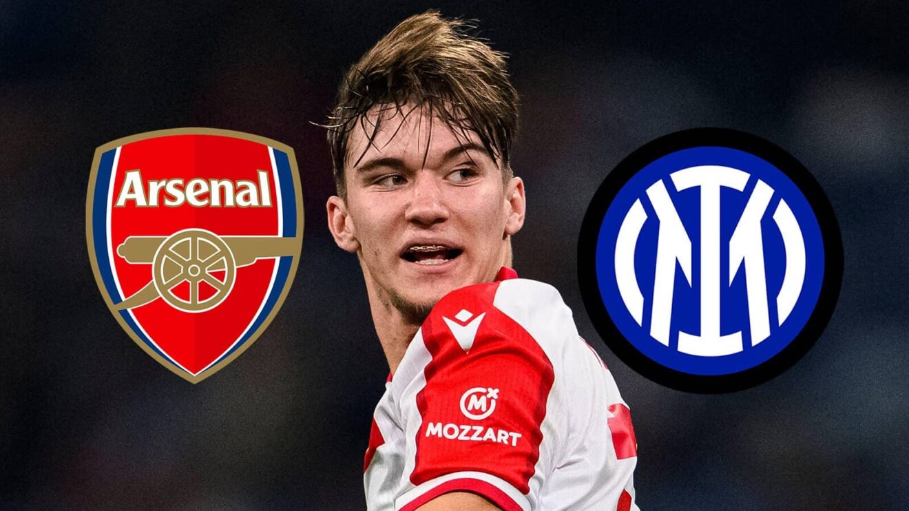 Arsenal badge, Red Star Belgrade attacking midfielder Vasilije Kostov and Inter Milan badge - copyright TEAMtalk