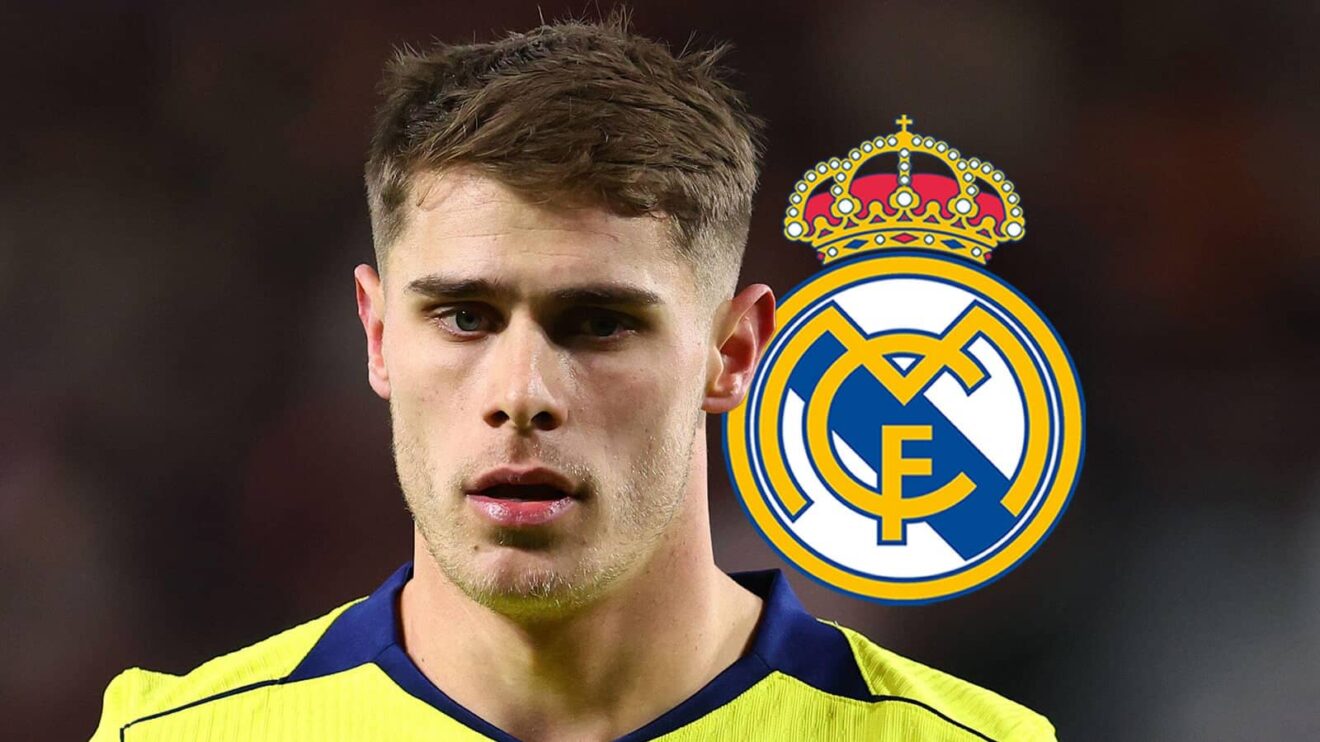 Tottenham Hotspur defender Micky van de Ven next to the Real Madrid badge - copyright TEAMtalk