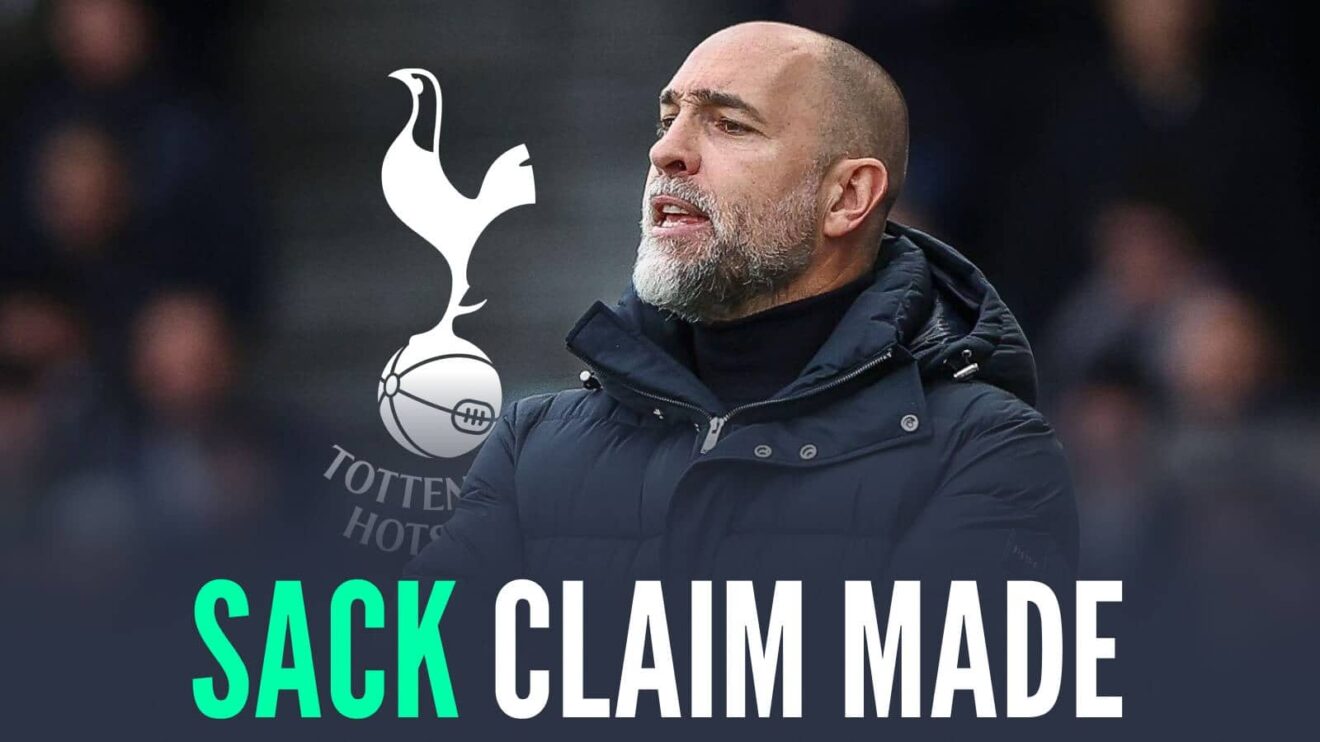 Tottenham's interim boss Igor Tudor next to the Tottenham Hotspur badge and the words 'sack claim made'